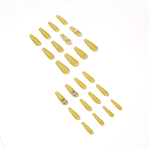 Matte mustard yellow butterfly press-on nails with luxury pearls and rhinestone crystals