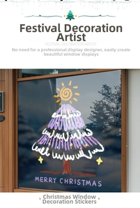 Close-up of a purple Christmas tree window sticker with Merry Christmas greeting on glass