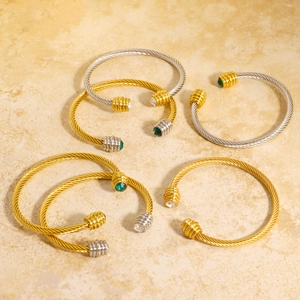 Cable Twisted Wire Stainless Steel Open Cuff Bracelet With Gemstone Ends Waterproof Hypoallergenic Luxury Vintage Jewelry