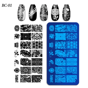 Detailed nail stamping plate BC-01 with lace floral patterns and finished manicures