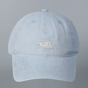 Detail of light blue cotton baseball cap with white COLLABORATE embroidery and stitching
