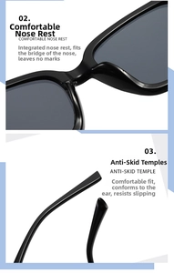 Detail of integrated nose pads and curved non-slip temples on black square sunglasses