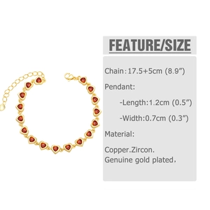 Detail of gold heart bracelet with red zircon inlay showing length and pendant dimensions