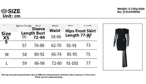 Detailed size chart for mesh patchwork backless mini dress with sleeve measurements