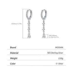 S925 sterling silver drop earrings with tassel chain and zircon accents for women
