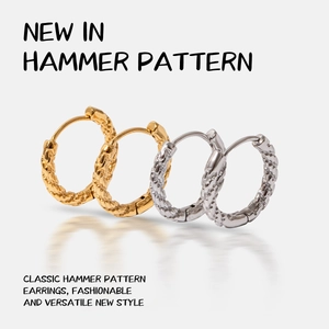 Hammered Texture Hoop Earrings Stainless Steel 14K Gold Plated Geometric Round Lightweight Hypoallergenic For Women