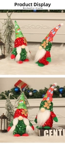 Detail of Christmas gnome plush dolls with sequined hats and white faux fur beards
