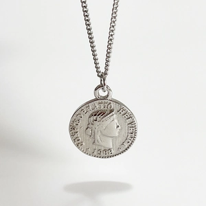 925 Sterling Silver Vintage Round Coin Pendant Necklace For Women Simple Retro Portrait Embossed White Gold Plated