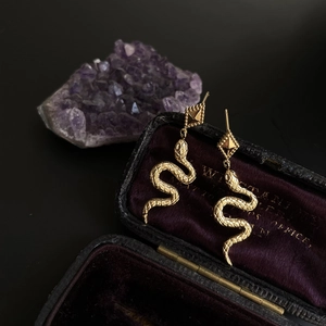 Vintage 18K gold plated snake drop earrings with geometric diamond stud on velvet box