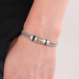 Bracelet double couche en acier inoxydable pour homme avec perles noires et or rose