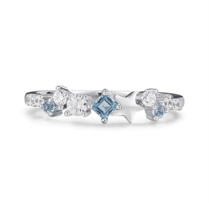 S925 sterling silver star ring with light blue rhombus zircon and white crystals