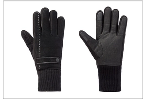 Detail of pigskin winter gloves with touchscreen fingertips and ribbed knit cuffs