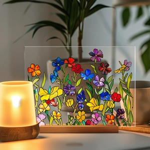 Floral acrylic table decor with wood base and colorful stained glass style flower pattern