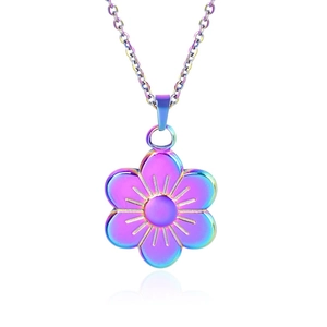 Macro view of iridescent flower pendant with purple-blue gradient and polished finish