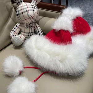 Christmas Knitted Hat With Faux Rabbit Fur Lining Warm Winter Lei Feng Cap With Pom Poms For Women