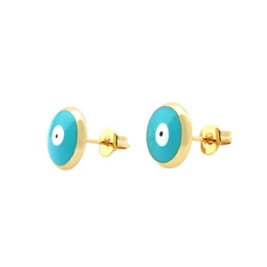 Detailed close-up of retro blue enamel evil eye stud earrings with 18K gold plating