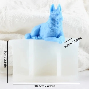 3D dog-shaped silicone candle mold with detailed German Shepherd figurine and measurements