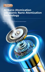 Detail of smart car freshener showing AI chip and ultrasonic nano mist atomization technology