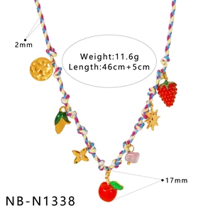 Detail view of colorful woven cord necklace with fruit charms and size specifications