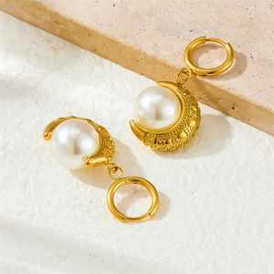 Elegant gold plated crescent moon and pearl drop earrings with heart pattern texture