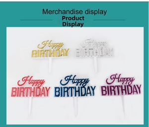 Detailed set of 5 metallic Happy Birthday cake toppers in gold, silver, red, blue, and purple