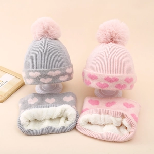 Kids Knit Hat And Scarf Heart Jacquard Acrylic Fleece Lined Pom Pom Winter Warm Thermal For Girls