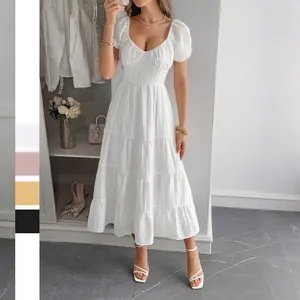 Vestito Maxi Donna Manica Corta A Sbuffo Scollo V Schiena Scoperta Fiocco Gonna A Balze Poliestere Vacanze Estive