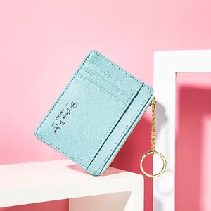 Women Mini Card Holder PU Leather Zipper Coin Purse With Keychain Multi Slot Slim Solid Color Portable Wallet