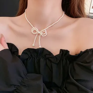 Bowknot Imitation Artificial Pearl Necklace Elegant Crystal Beaded Alloy Choker For Women Adjustable Lightweight Luxury Accessory