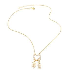 Golden heart necklace with zircon-encrusted boy and girl pendants on a white background