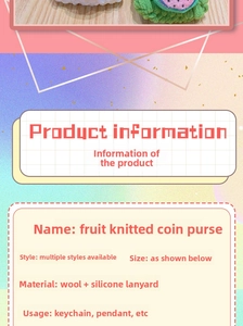 Detailed spec sheet for handmade crochet fruit coin purse with silicone lanyard strap