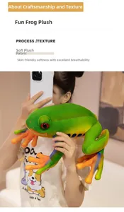 Detail of soft green frog plush showing breathable fabric texture and colorful flippers
