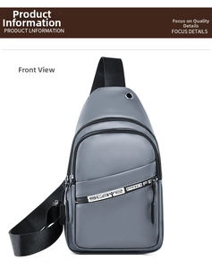 Detail of grey crossbody chest bag with zipper pockets, faux leather texture and earphone port