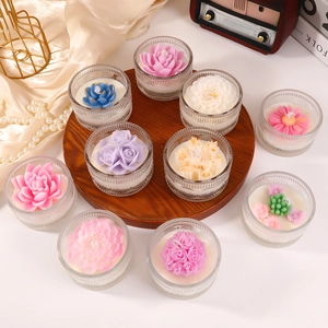 Flower Shaped Scented Candle In Embossed Glass Jar Handmade Soy Wax Rose Lotus Succulent For Home Decor Gift