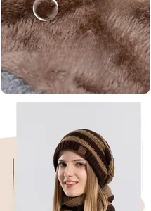 Macro detail of thick faux fur lining on striped winter knit beanie and scarf set