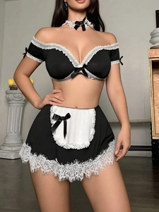 Detailed view of sexy maid lingerie set featuring lace ruffles and bow chokers