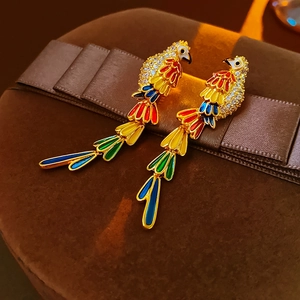 Close-up of vintage parrot earrings with colorful enamel and sparkling crystal details