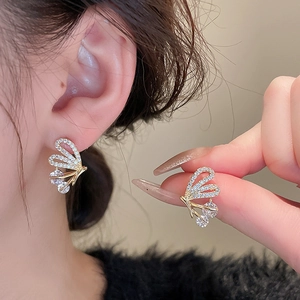 Elegant gold-plated butterfly stud earrings with sparkling zircons and crystal pendants