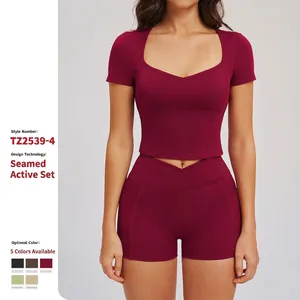 Yoga Femme Top And Bottom Manches Courtes Encolure Coeur Crop Top Taille Haute Croisée Shorts de Sport Tenue