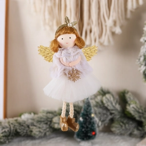 White and gold Christmas tree angel ornament with faux fur and glitter wings hanging in decor