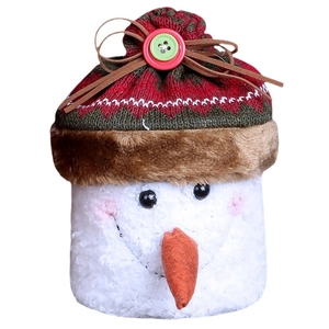Christmas snowman candy jar with knit hat and plush texture for festive holiday gift storage