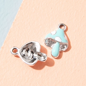 Cartoon blue mushroom alloy enamel pendant with silver metal base and hanging ring