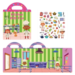 Detail showing kitchen scene sticker book with reusable cartoon food and utensil accessories