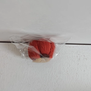 Detail of a red knitted pumpkin ornament with stem and leaf in a plastic bag