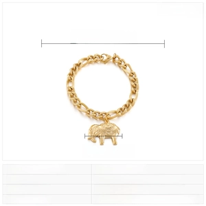 Detailed view of golden stainless steel Figaro chain bracelet with elephant pendant and dimensions