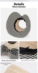 Detail view of striped sun hat showing the bow knot, breathable texture and velcro strap
