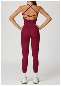 Vista posteriore del gilet yoga bordeaux con spalline incrociate e tessuto opaco elastico