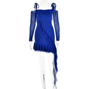 Detail of blue off-shoulder dress with ruffled long mesh sleeves and asymmetric fishtail hem
