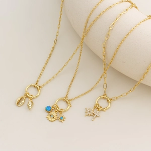Three-layered gold S925 sterling silver necklaces with shell, evil eye and star charms