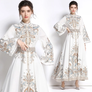Abito Maxi Elegante Con Stampa Paisley Collo Alto Maniche Lunghe A Campana Con Cintura Per Donna